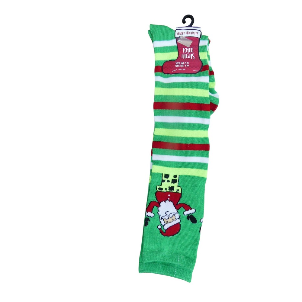 Gina Group Knee High Socks Womens 9-11 Green New Santa Claus Striped Holiday